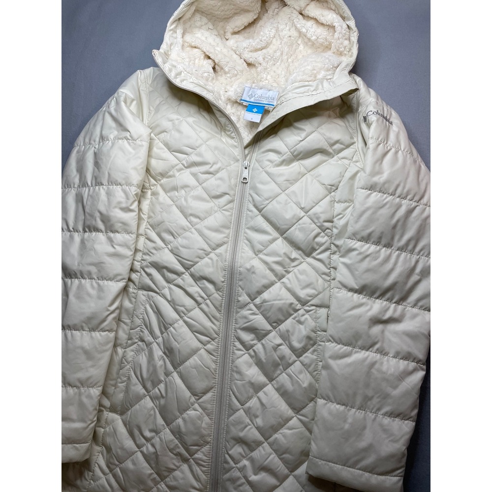 Columbia Women Off White Quilted Hooded Fleece Lined Puffer Jacket‎ Coat Small